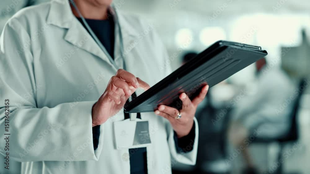 Poster laboratory, hands and scientist with tablet for results, investigate and scroll research for medical