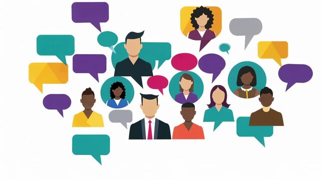 Professionals with diverse backgrounds exchanging ideas through colorful speech bubbles, representing collaborative communication in a dynamic, inclusive workplace setting
