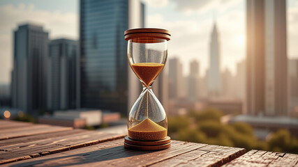 Hourglass on wooden table cityscape background