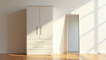 A chic and tidy hallway with a wooden door, white wardrobe, decorative mirror, and sleek black shelves highlighting contemporary interior design.