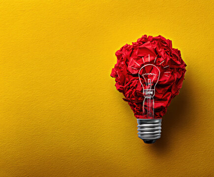 This vibrant image features a light bulb crafted from crumpled red paper, symbolizing innovative ideas and creativity against a warm yellow backdrop.