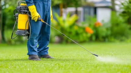 Worker spraying pesticide on a green lawn outdoors for pest control