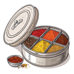 Vibrant, colorful Masala Dabba spice box with its lid open, showcasing various spices inside.  Close-up view emphasizing the rich hues and textures.