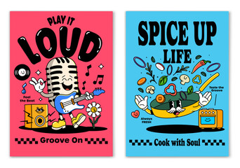 Funky poster set with a groovy musician and a cheerful chef in retro cartoon style. Perfect for creative decor, branding, or lifestyle projects.
 vector Illustration