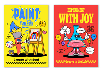 A vibrant duo of groovy profession posters featuring a passionate artist and an imaginative scientist. Designed in retro cartoon style with bold colors, expressive characters, and funky details