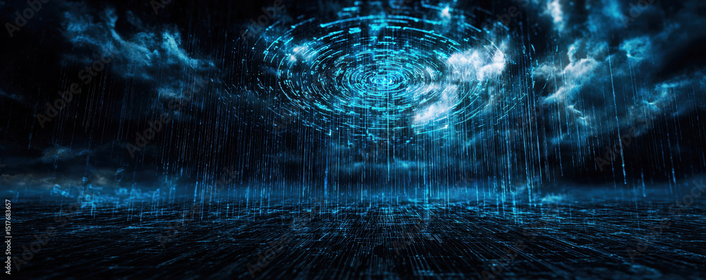 Poster a mesmerizing digital storm scene featuring swirling clouds and cascading streams of blue light, cre