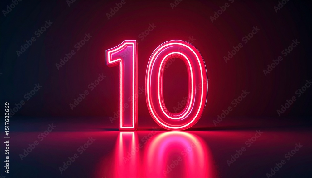 Poster 3d rendering of a metallic number 10 with curved red neon lines on a background.