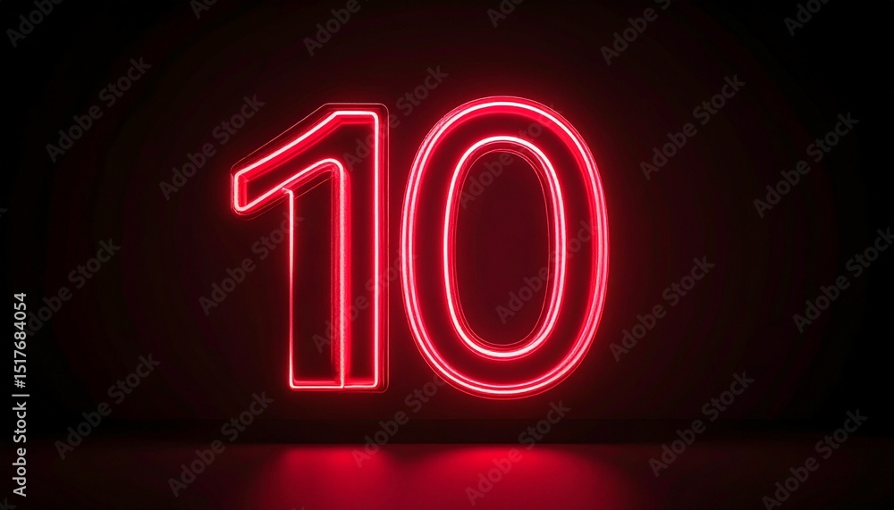 Poster 3d rendering of a metallic number 10 with curved red neon lines on a background.