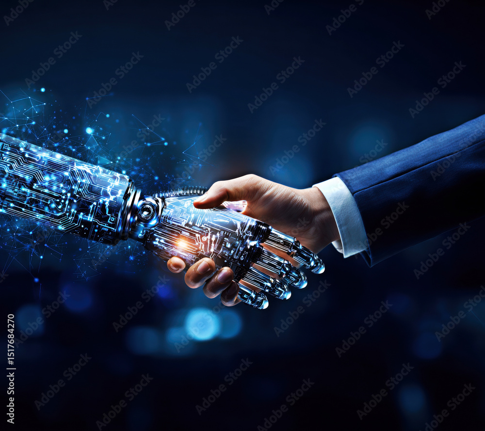 Poster a captivating image showcasing the fusion of human intelligence and advanced robotics through a hand