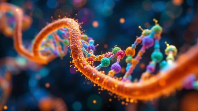 Vibrant and colorful depiction of a DNA strand, with glowing orange backbones and brightly colored nitrogenous bases
