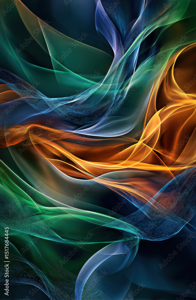 Poster a mesmerizing blend of colorful waves, creating an abstract visual masterpiece that evokes motion an