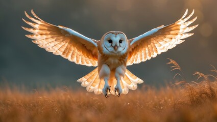 Obraz premium Tyto alba wings spread during morning hunt in winter grassland, France