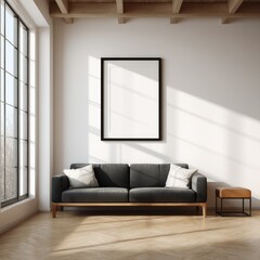 Minimalist living room with a blank frame