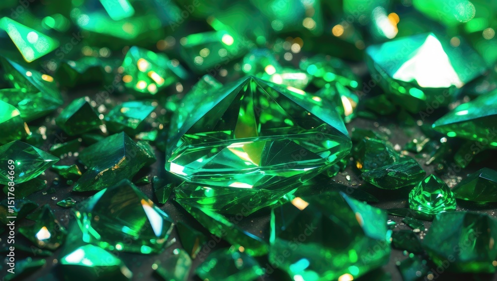Poster a collection of green gemstone shards with varying shapes and sizes in a calming background