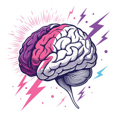 Create a stylized illustration of a human brain with vibrant, glitching neural pathways and colorful sparks, emphasizing a digital, surreal aesthetic.