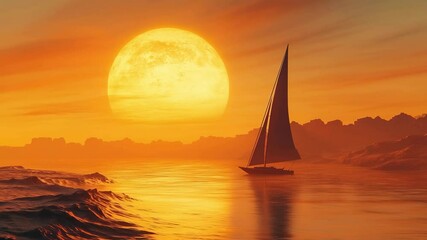 A sailboat glides across golden ocean waters under a giant glowing sunset. The silhouette contrasts beautifully with the fiery sky, evoking peace, freedom, and the magic of a perfect nautical evening. - Powered by Adobe