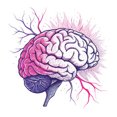 Create a stylized illustration of a human brain with vibrant, glitching neural pathways and sparking electrical discharges, rendered in a colorful, almost psychedelic style.