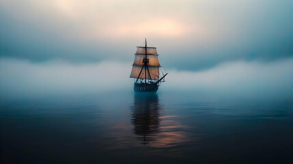 Fototapeta premium Mysterious Ship In Foggy Sea At Sunrise