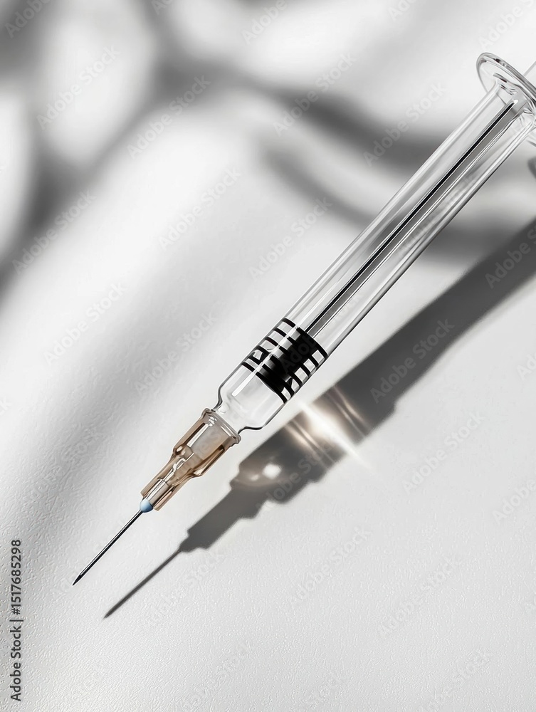 Aufkleber close-up of a syringe with a needle. the syringe is made of clear glass and has a cylindrical shape 