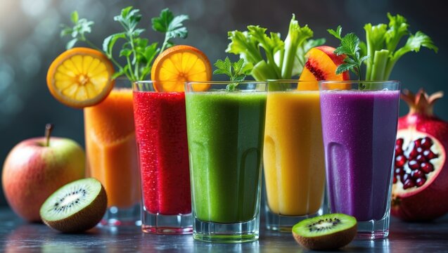 Fresh organic fruit and vegetable juice glasses isolated on white for detox diet