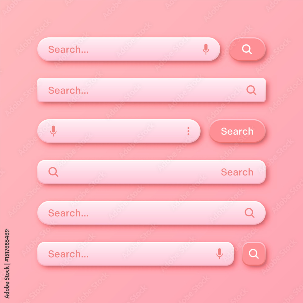 Fototapete Colorful 3d search bar templates. Internet browser engine with search box, address bar and text field. UI design, website interface element with web icons and push button. Vector illustration