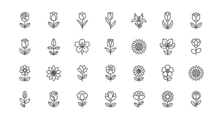 Elegant Black and White Flower Icons Set of 30 Line Art Floral Designs for Vector Graphics