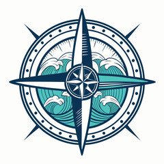 Stylized compass rose with a surfboard replacing the north pointer, set against a vibrant ocean wave background.  Detailed, vector-style illustration.