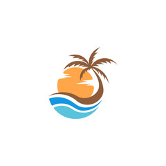 Tropical Beach Sunset Logo: Palm Trees Island Vector Design