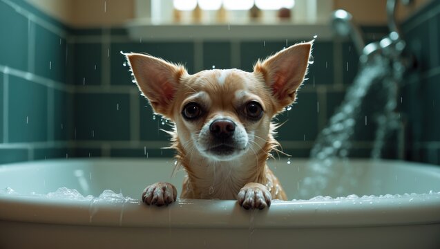 Cute little brown dog waiting in the tub post-shower in the house