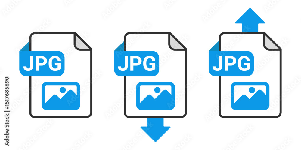 Poster jpg file download and upload icon set with blue arrow symbol on transparent background for image tra