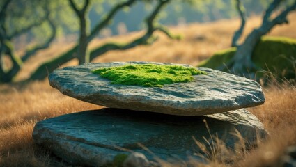 Close-up of a rustic stone stack topped with moss amid dry twigs and grasses in a tranquil wilderness setting