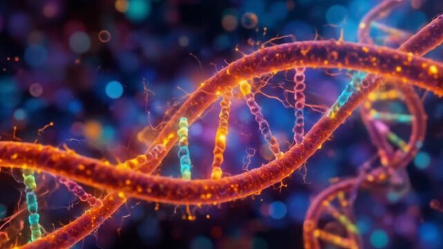 Vibrant and colorful depiction of a DNA strand, with glowing orange backbones and brightly colored nitrogenous bases (adenine, guanine, cytosine, thymine)