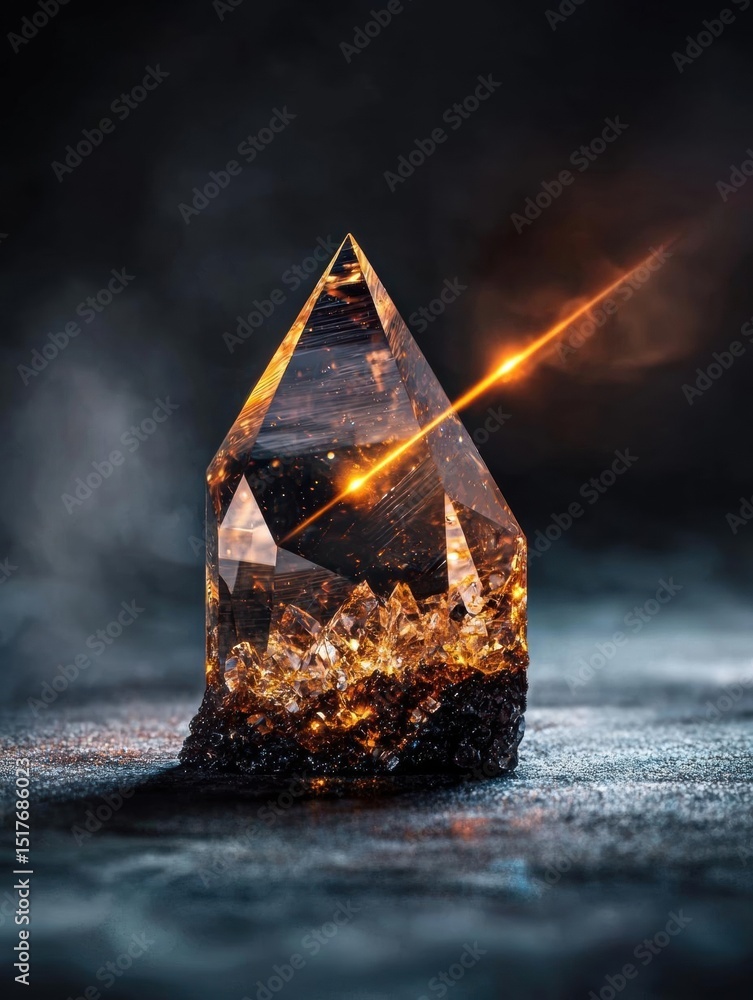 Poster photograph of a crystal pyramid. the pyramid is made up of multiple facets, each with a unique shape