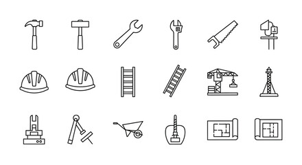 Construction Icons Tools, Equipment, and Blueprint Line Art Graphics