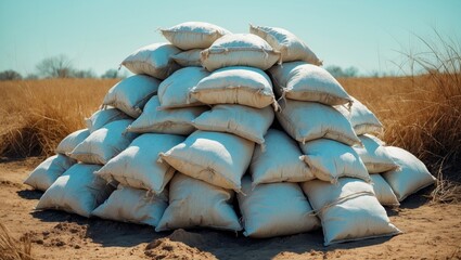 Family house backyard with a pile of white sandbags, old and new, used as temporary flood protection in case of floods from heavy rains, surrounded by uncut grass