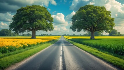 Beautiful floral scenery in France's countryside during spring, showcasing yellow rapeseed fields and a picturesque arch tree on the road.