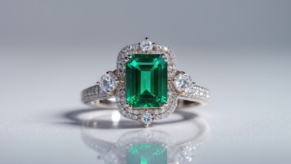 Beautiful green gemstone engagement ring featuring diamond and silver setting