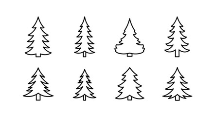 Collection of Eight Line Art Fir Tree Silhouettes Vector EPS Illustration