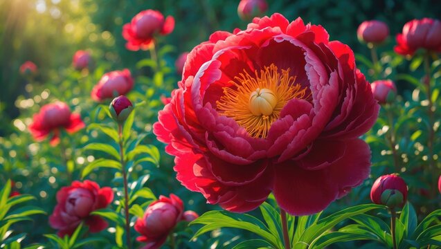 Close-up of Arctomecon merriamii and red poppy with bee in natural setting
