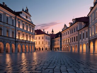 Naklejka premium Empty European Town Square with Historical Buildings at Dusk