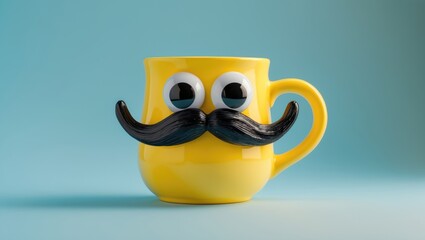 Happy Dad's Day: Yellow Coffee Cup with Mustache and Comical Eyes on Blue Background