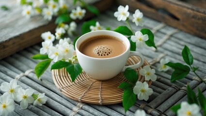 Jasmine tea and flowers on aged wood surface, green tea, healthy aromatic drink, macro shot