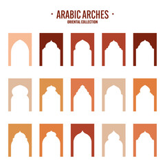 Islamic frames, oriental style objects. Arabic shapes, windows and arches. Traditional ornamental banner, frame. Muslim holidays, Ramadan Kareem. Modern eastern architecture. Vector illustration