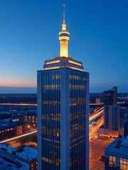 Obraz premium Evening cityscape with glowing tower and reflections in glass buildings at blue hour