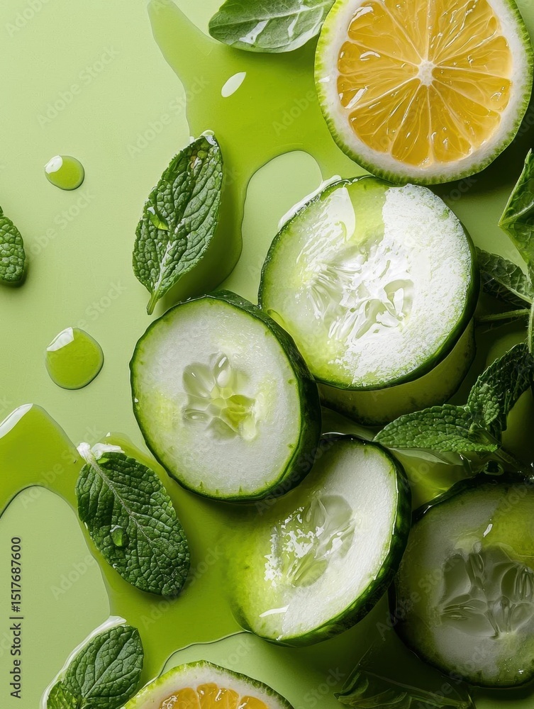 Fototapete flat lay of sliced cucumbers and lemon slices on a green background. the cucumbers are arranged in a