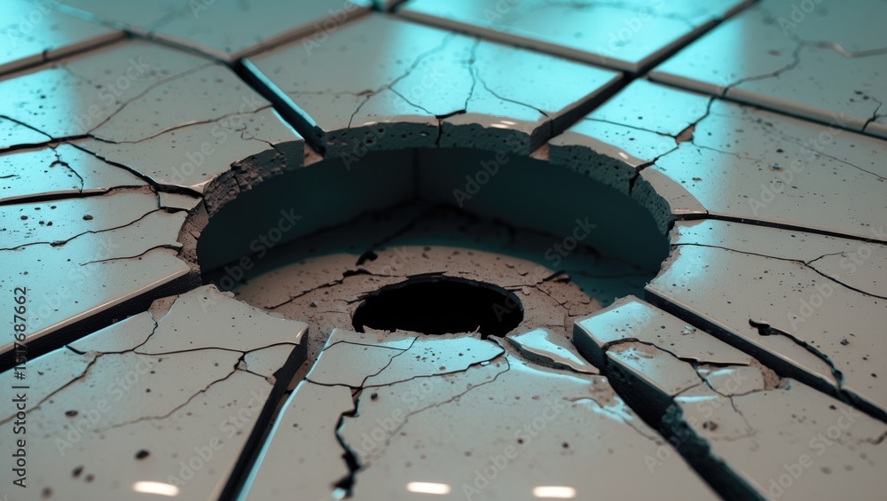 Poster a close-up of a damaged tiled floor corner showing a large crack in four square sections