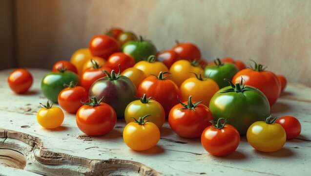 Vibrant Tomato Display from Home Garden on Rustic White Board for Summer Cooking and Preserves