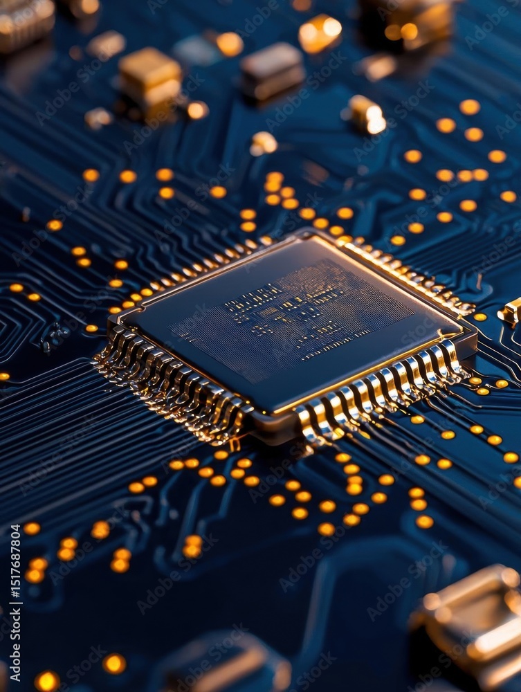 Poster close-up of a computer chip on a blue circuit board. the chip is in the center of the image and is s