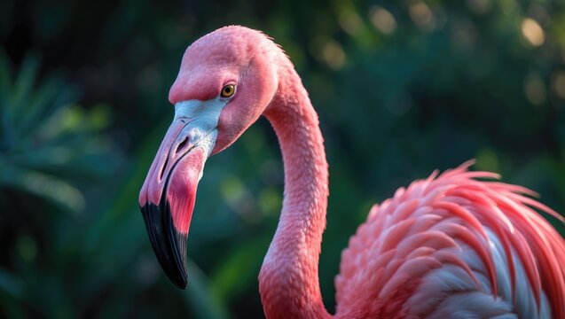 Close-up portrait of a colorful pink Chilean flamingo with yellow eyes and a black deep-keeled bill in a tropical jungle setting