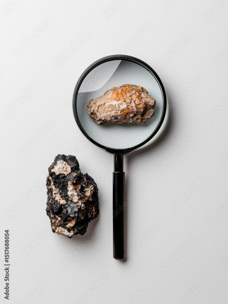 Poster magnifying glass with a black handle and a round mirror attached to it. the magnifying lens is place